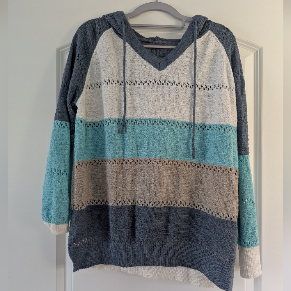 Striped Hooded Sweater - Blue, Gray, Cream